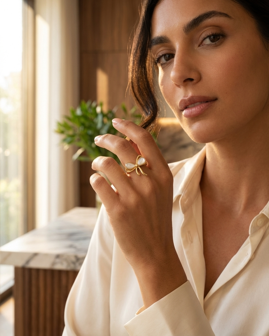 Elegant Bow Gold Ring with Pearl Detailing