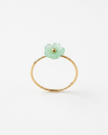 Gold Adjustable Floral Ring with Green Flower
