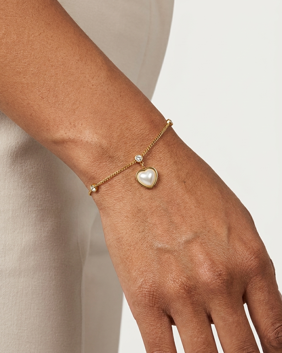 Gold Heart & Pearl Charm Bracelet