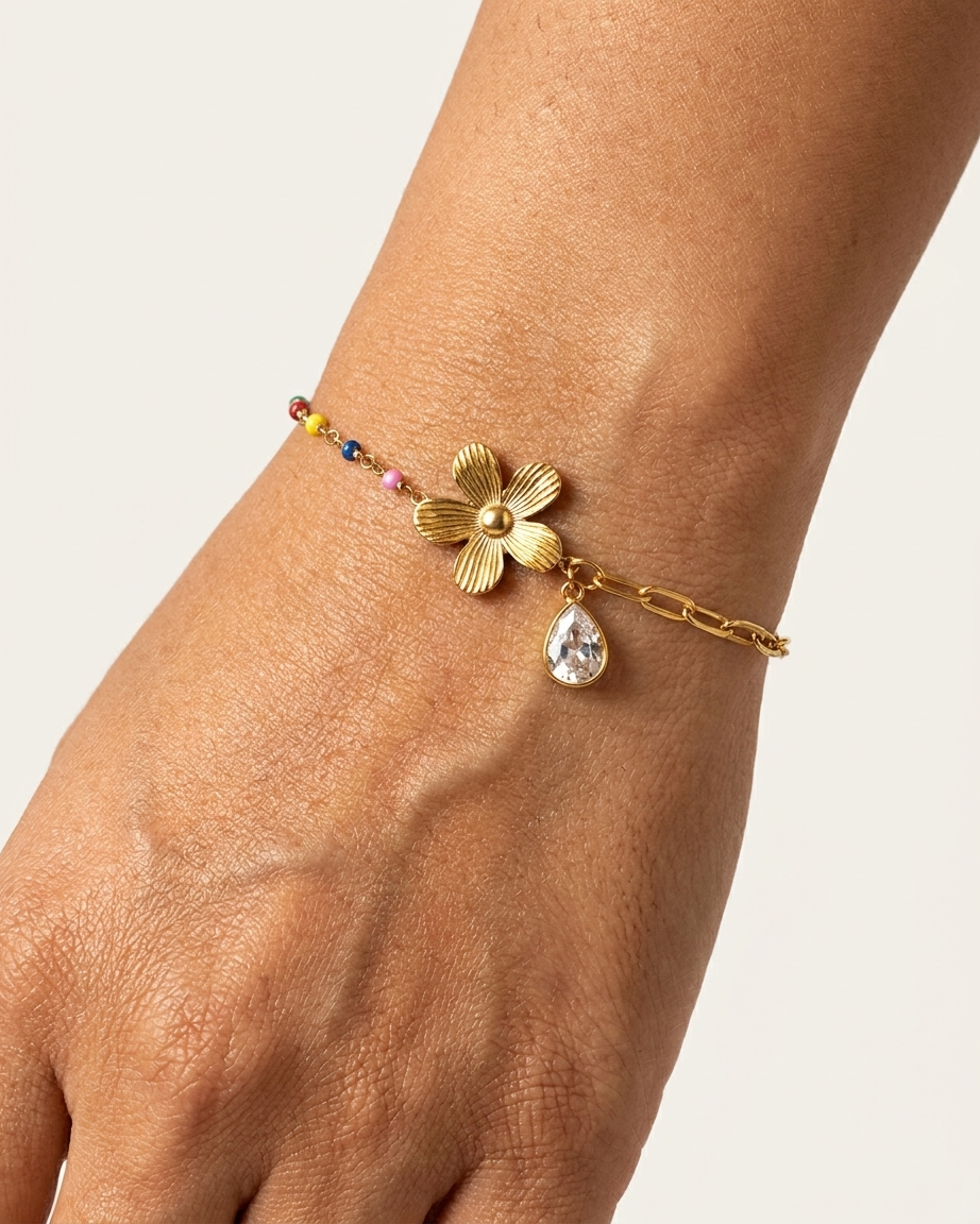 Colorful Gold Flower & Crystal Charm Bracelet