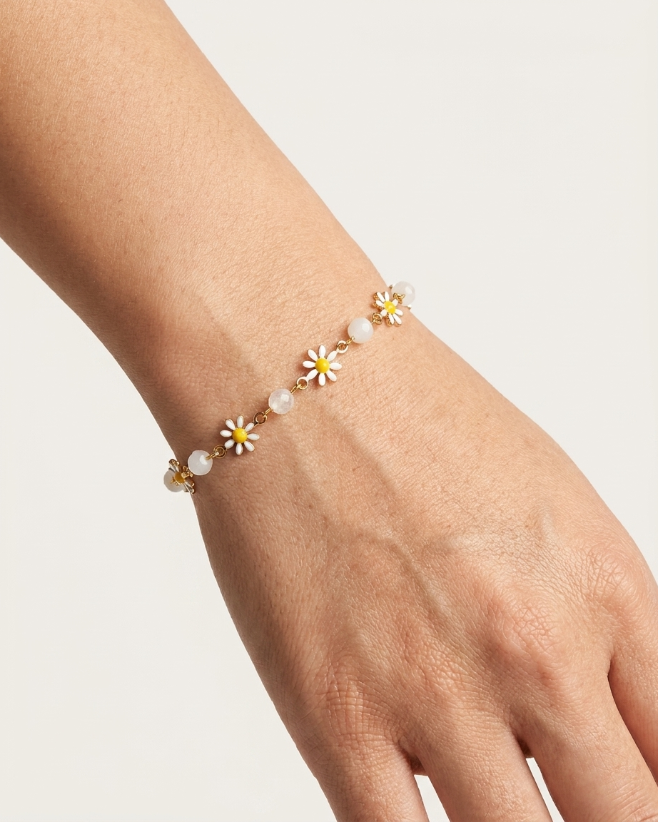 Floral Daisy Bracelet with Rose Quartz Beads