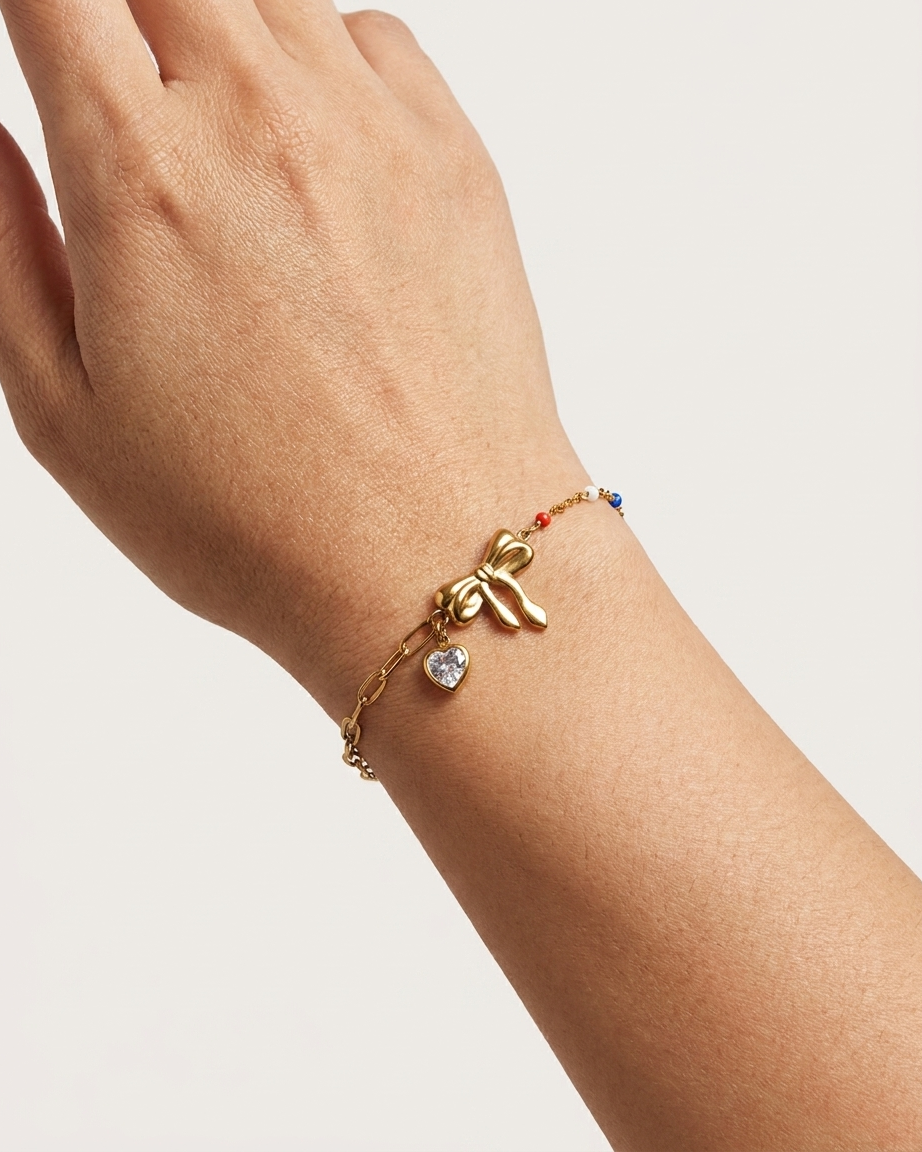 Charming Gold Bow Bracelet with Heart and Colorful Beads