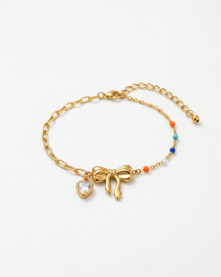 Charming Gold Bow Bracelet with Heart and Colorful Beads