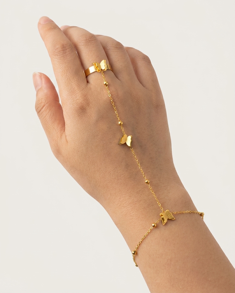 Elegant Butterfly Handpiece Bracelet & Ring Set in Gold