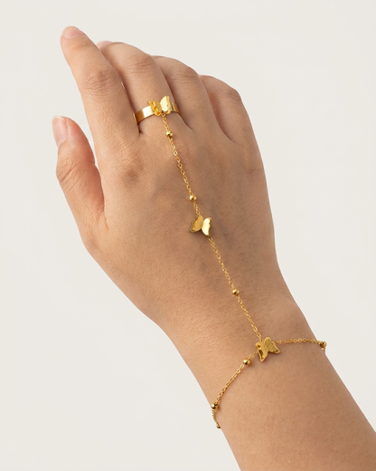 Elegant Butterfly Handpiece Bracelet & Ring Set in Gold