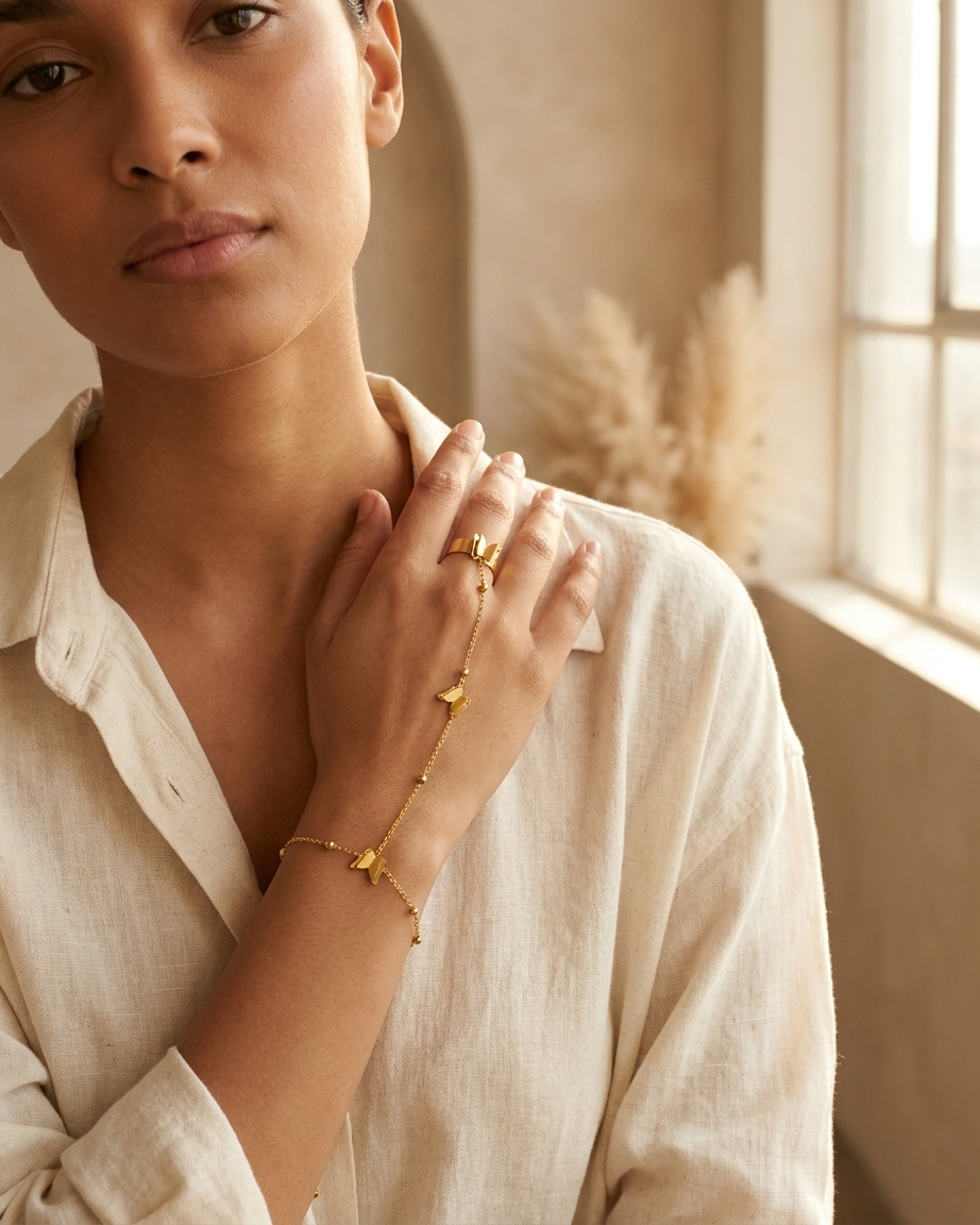 Elegant Butterfly Handpiece Bracelet & Ring Set in Gold