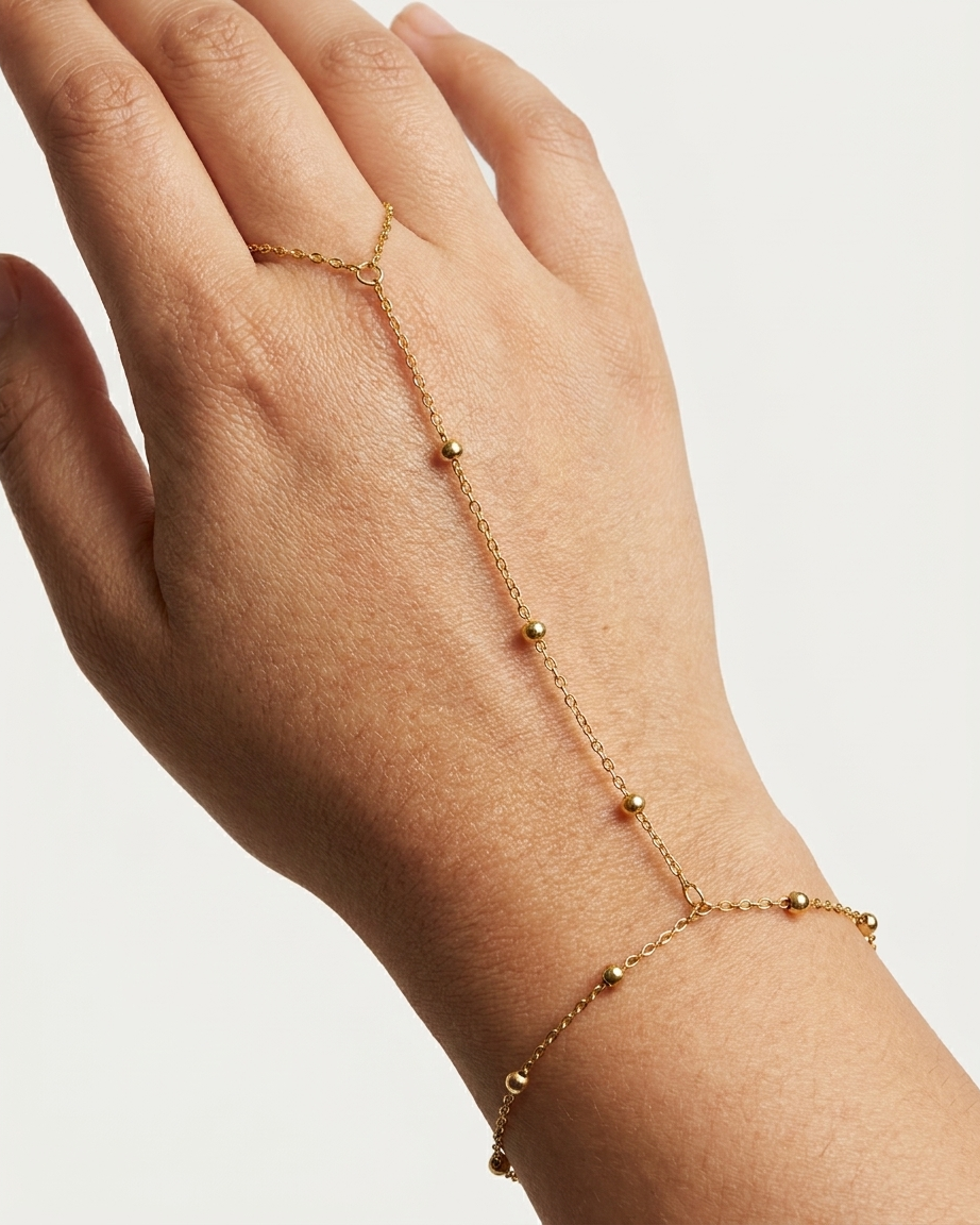 Gold Beaded Hand Chain Bracelet with Ring Detail