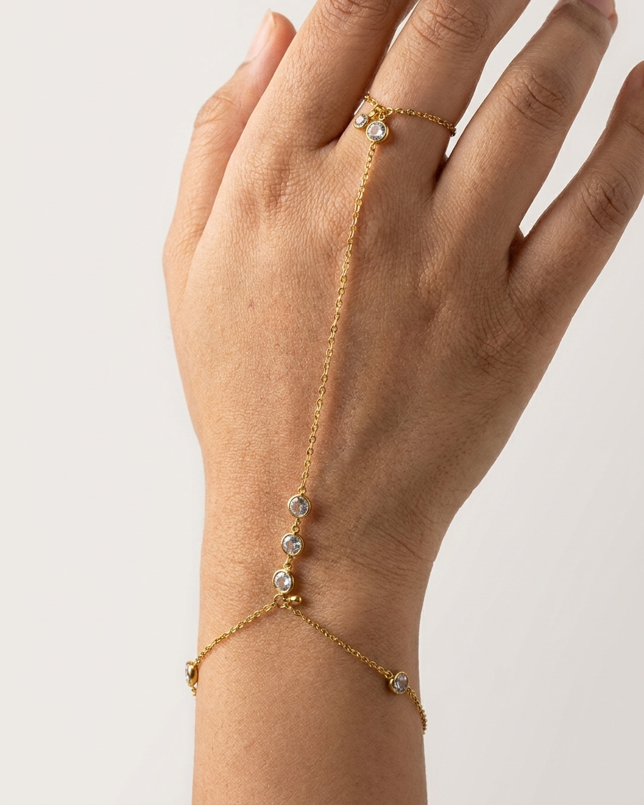 Gold Crystal Hand Chain Bracelet with Ring Detail