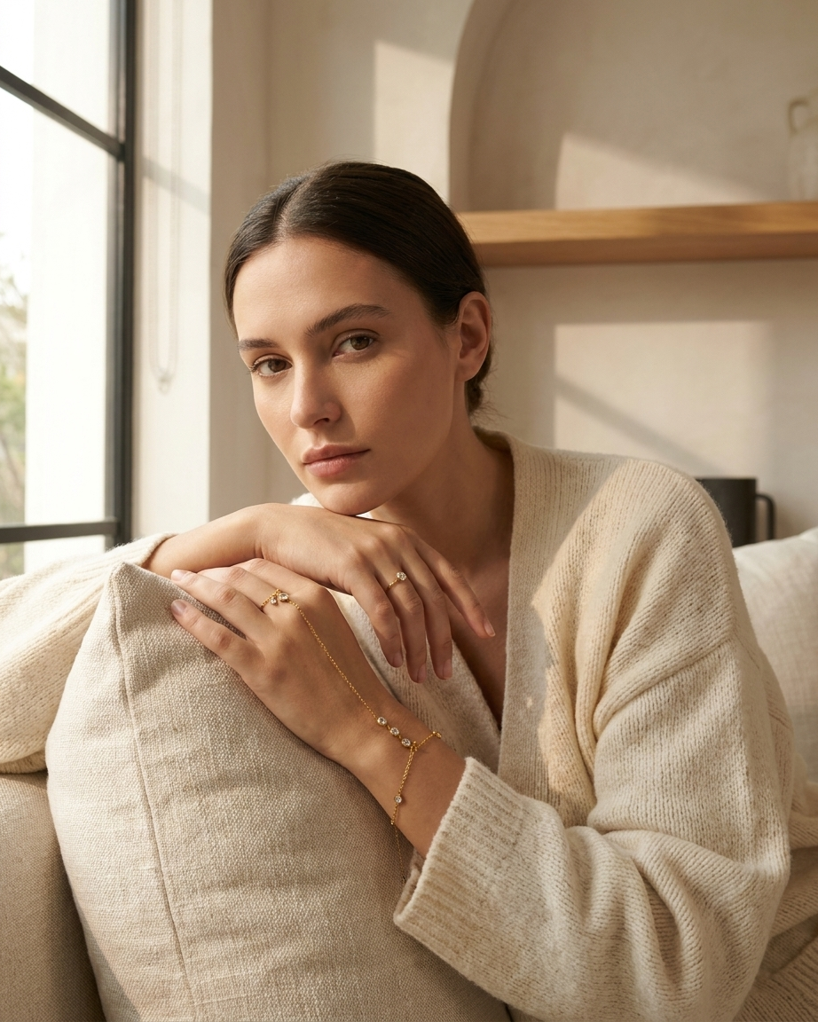 Gold Crystal Hand Chain Bracelet with Ring Detail