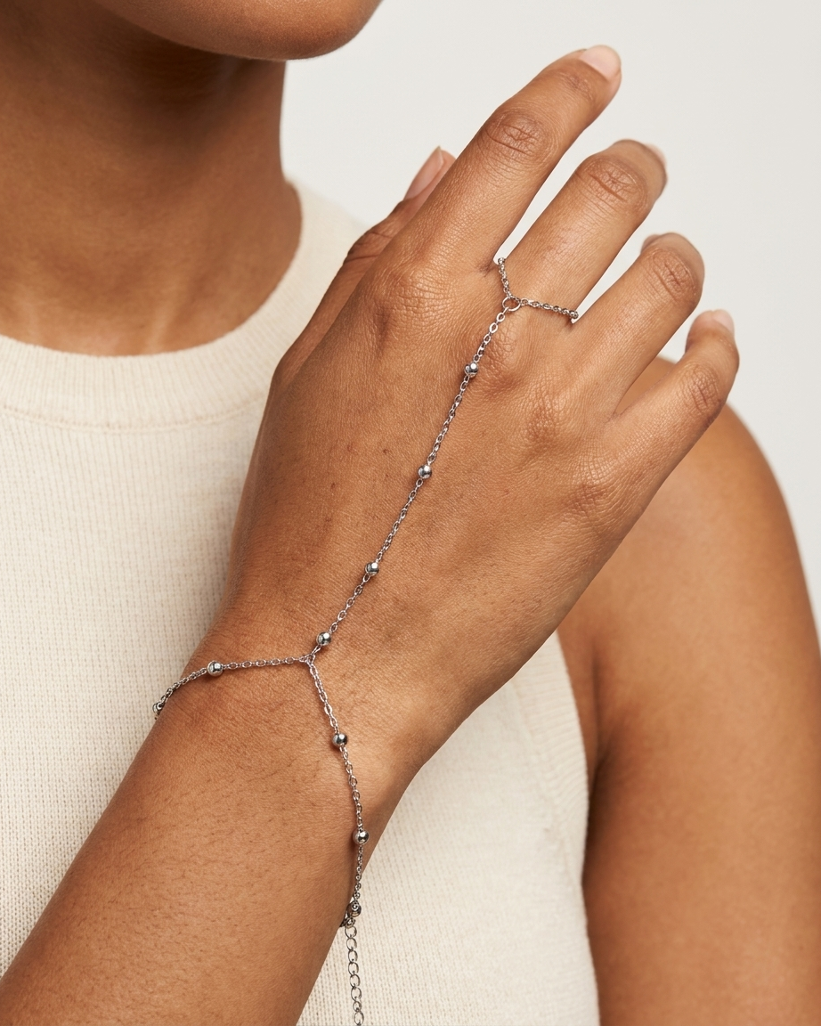 Silver Delicate Hand Chain with Ring Detail