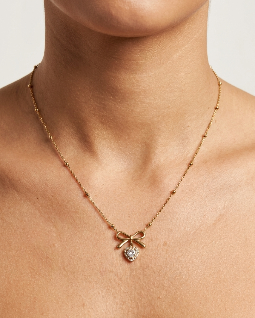 Bow Heart Crystal Charm Necklace