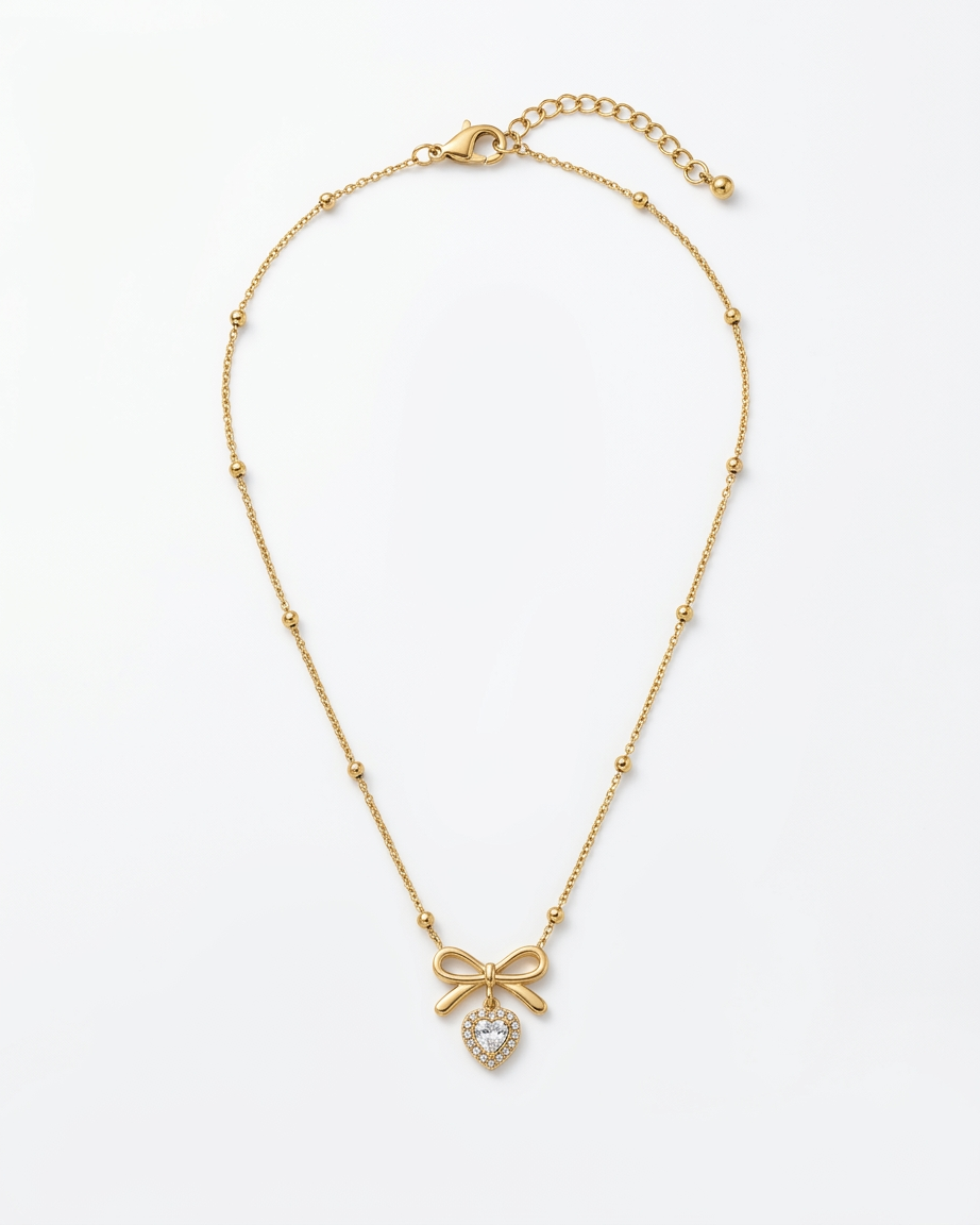 Bow Heart Crystal Charm Necklace