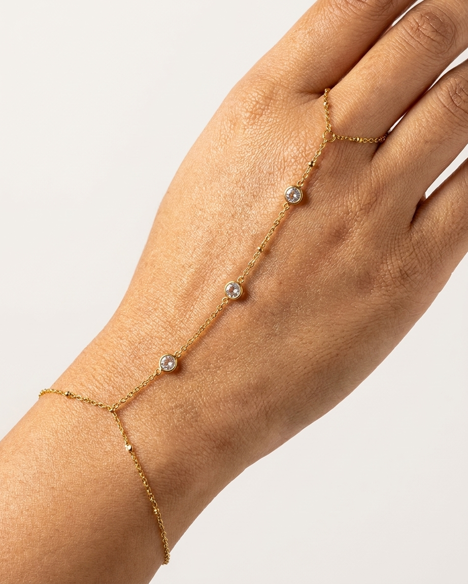 Gold Crystal Hand Chain Bracelet – Minimal Ring to Wrist Chain Jewelry