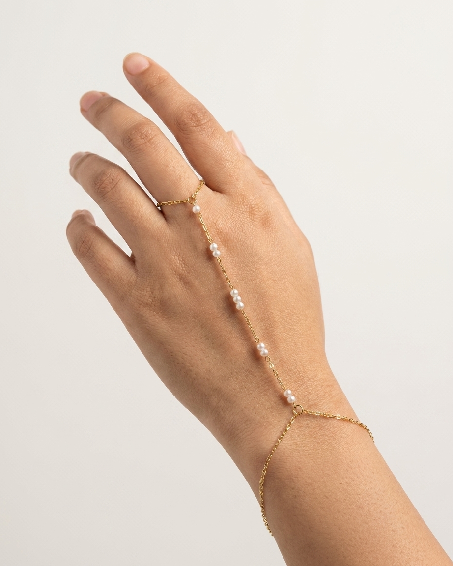 Gold Hand Chain Bracelet with Pearls – Elegant Ring to Wrist Chain Jewelry