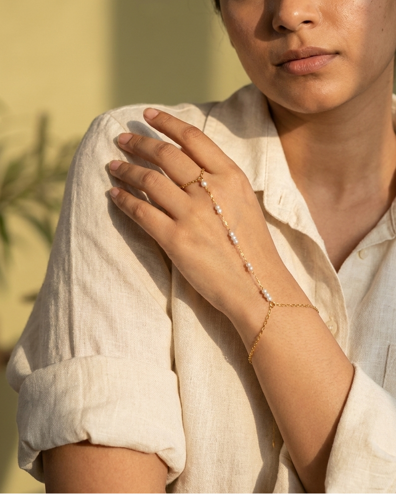Gold Hand Chain Bracelet with Pearls – Elegant Ring to Wrist Chain Jewelry