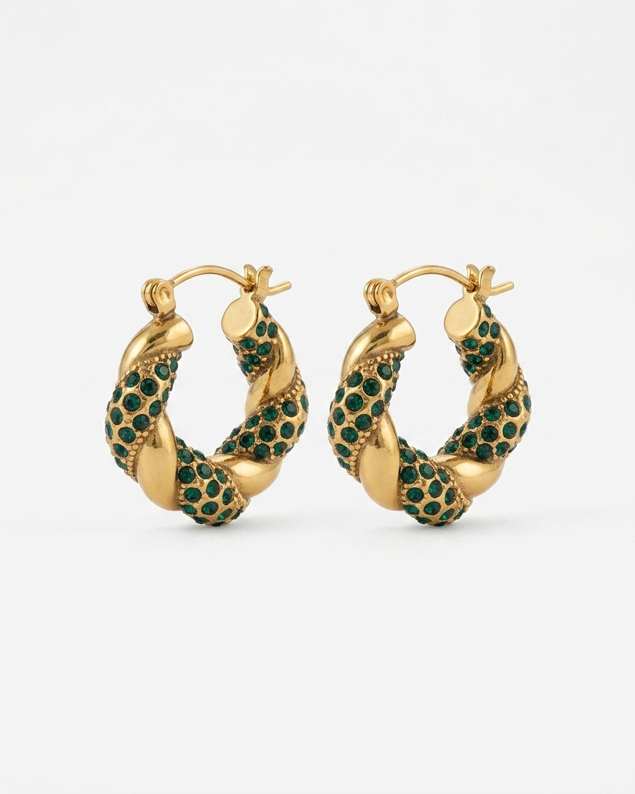 Gold Twisted Hoop Earrings with Dark Green Stones – Statement Chunky Designer Style