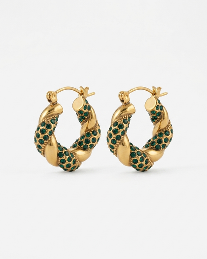 Gold Twisted Hoop Earrings with Dark Green Stones – Statement Chunky Designer Style