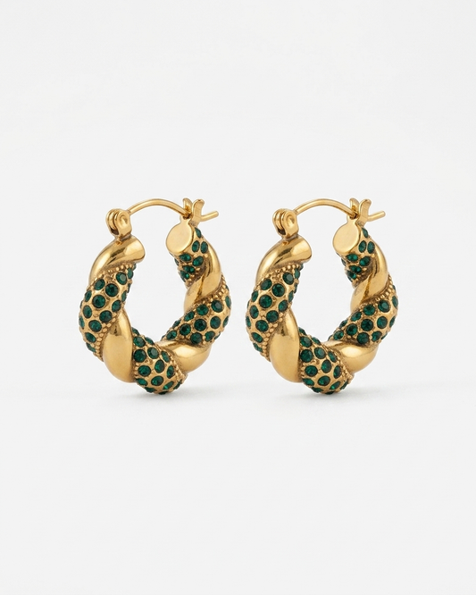 Gold Twisted Hoop Earrings with Dark Green Stones – Statement Chunky Designer Style