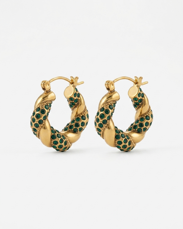 Gold Twisted Hoop Earrings with Dark Green Stones – Statement Chunky Style