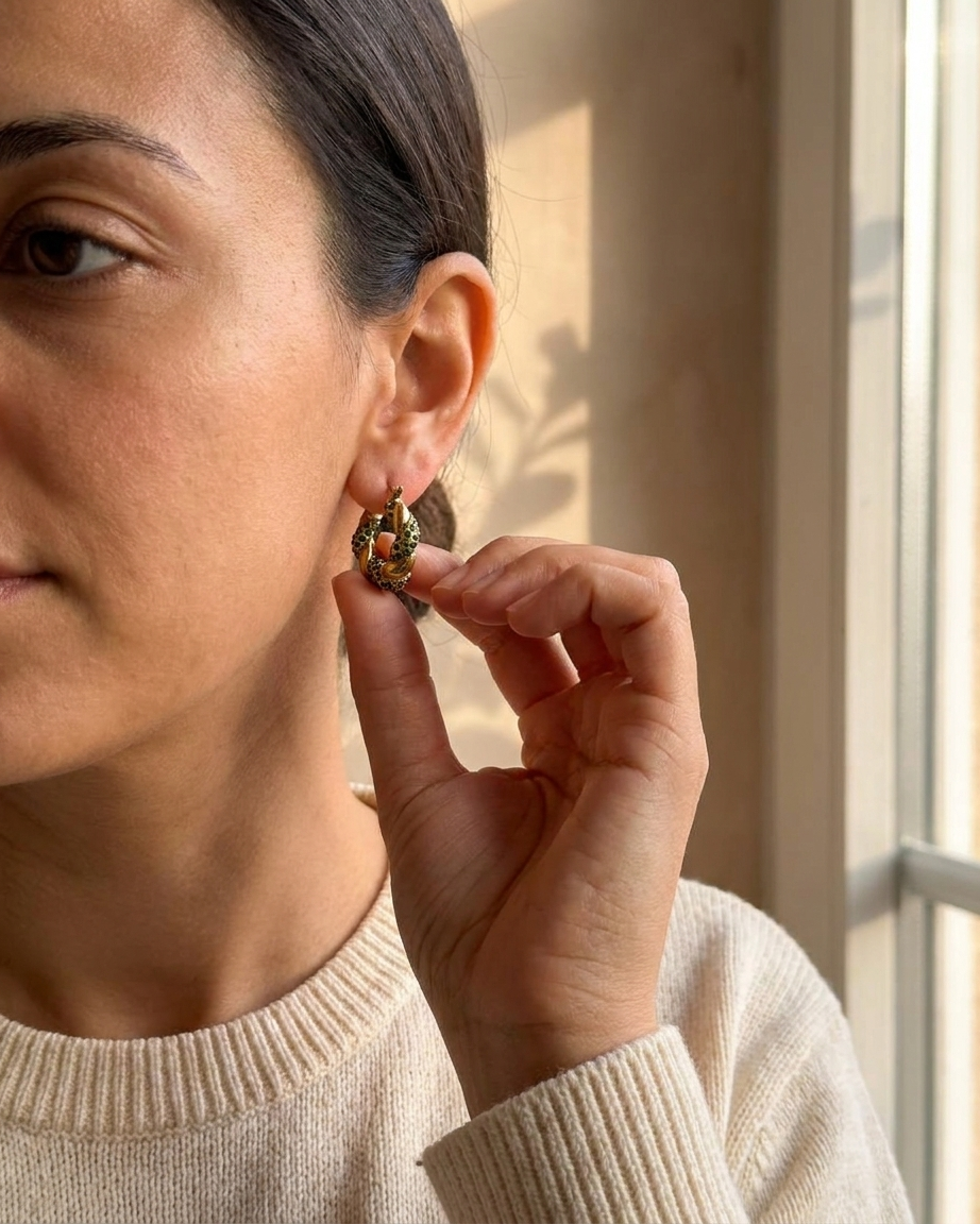 Gold Twisted Hoop Earrings with Dark Green Stones – Statement Chunky Designer Style