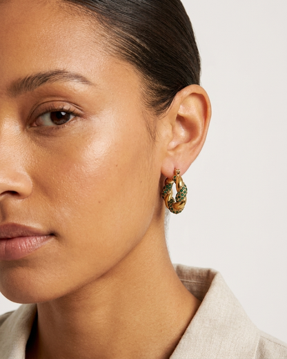 Gold Twisted Hoop Earrings with Dark Green Stones – Statement Chunky Designer Style