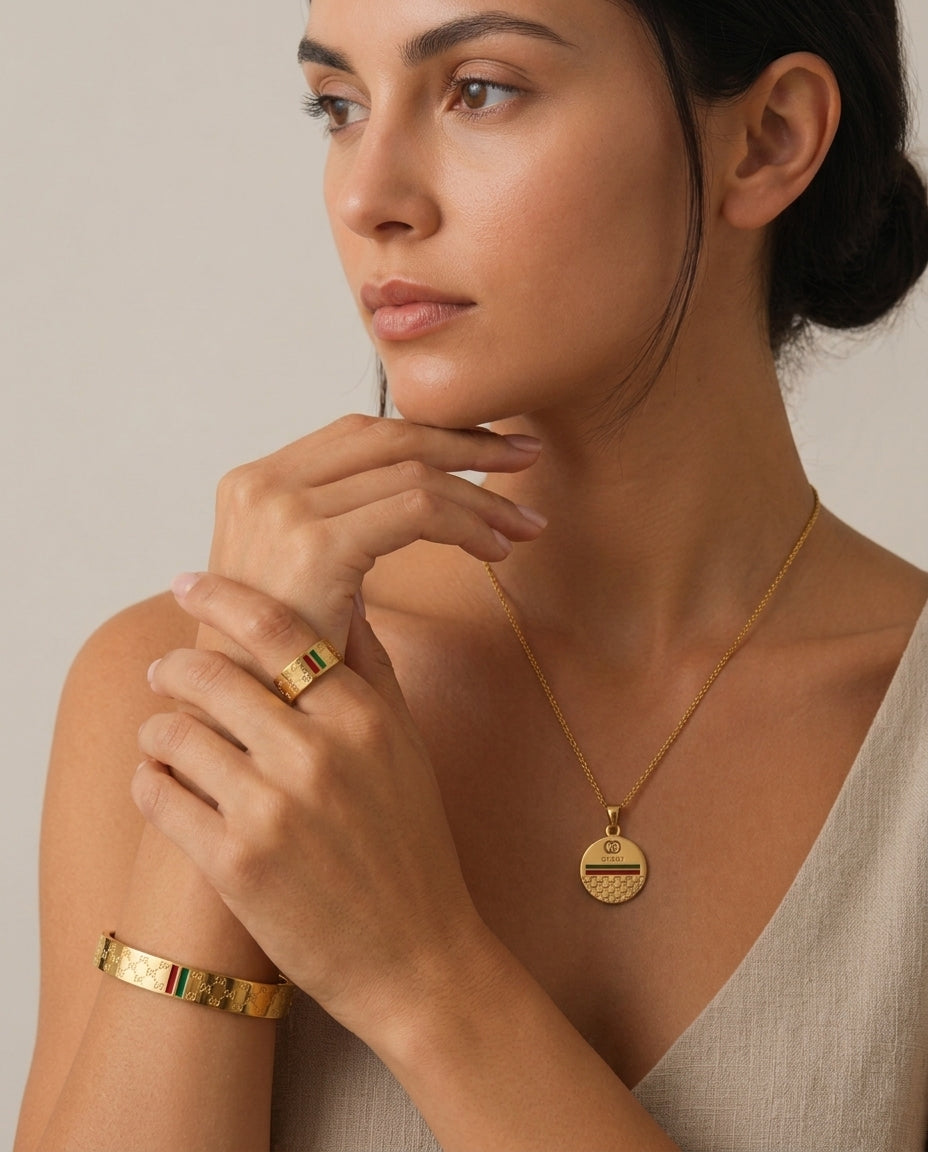 Luxury Inspired Red & Green Jewellery Set Offer – Necklace, Bangle & Ring for Women