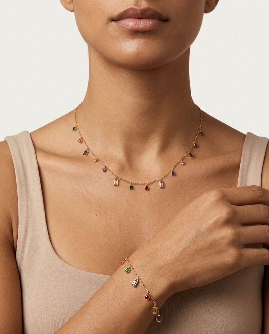 Limited Edition Multicolored Stone Necklace & Bracelet Duo – Luxury Statement Set