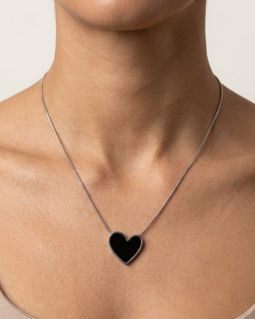 Silver Chain Necklace with Black Heart Pendant