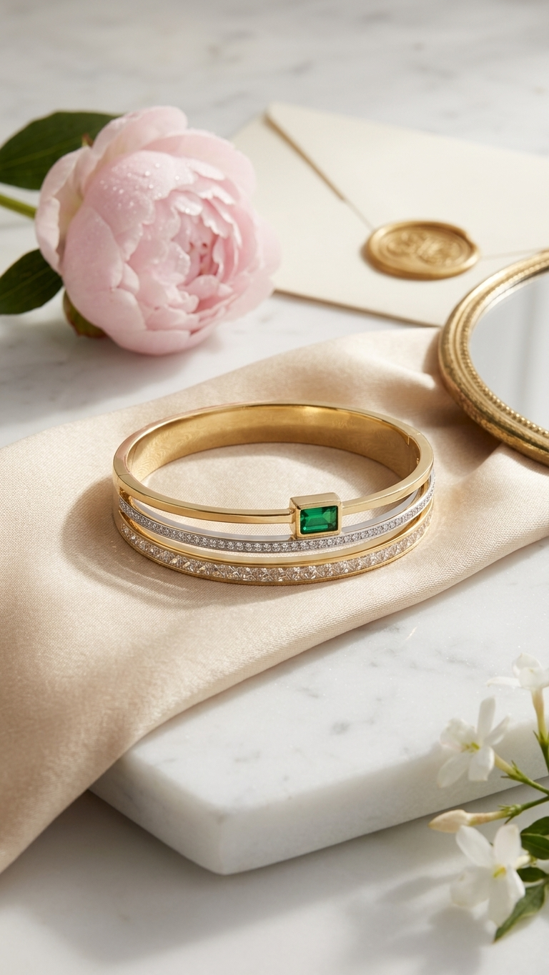 Luxury Gold Stainless Steel Bangle with Emerald Accent